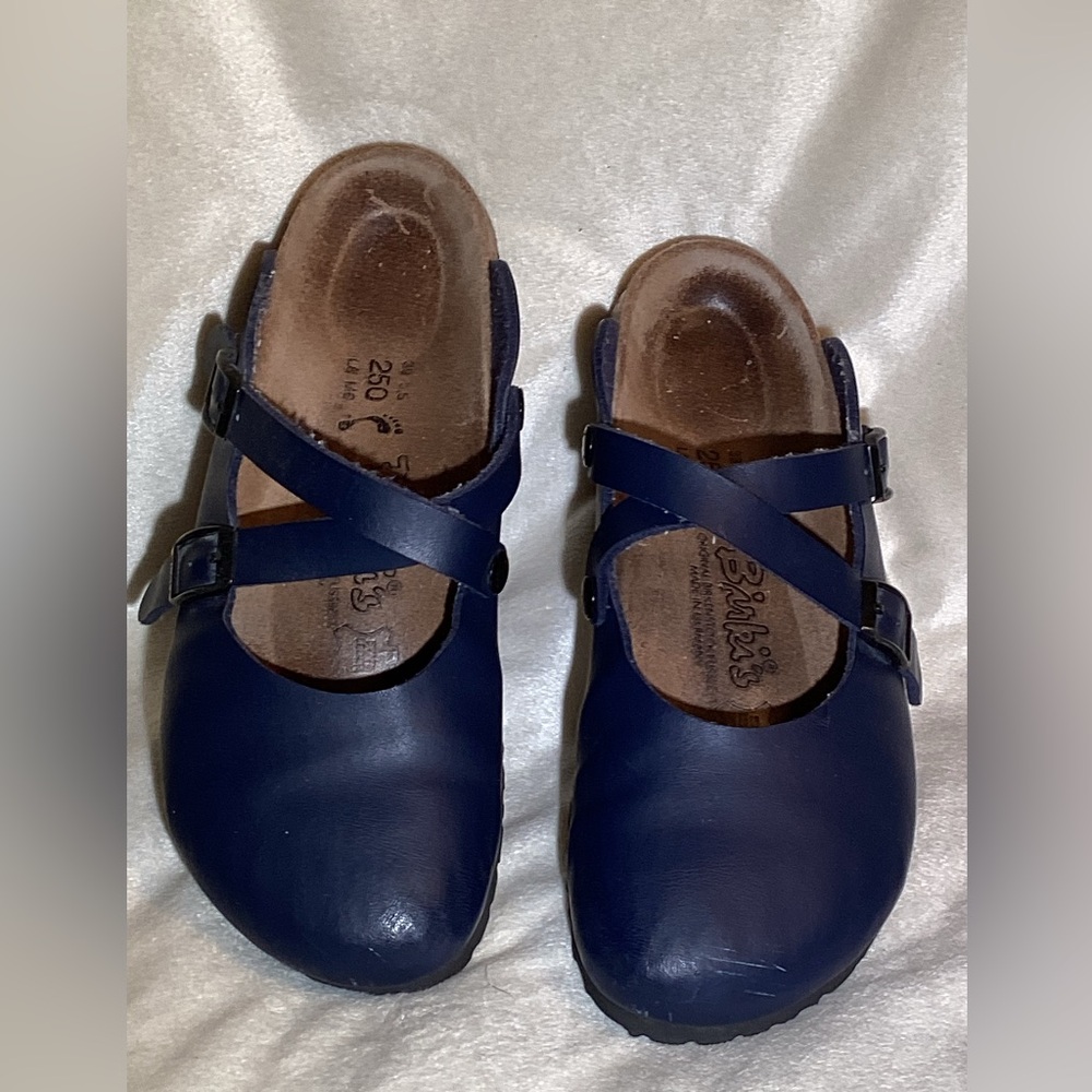 Birkenstock Navy Blue Leather Mary Jane Clogs